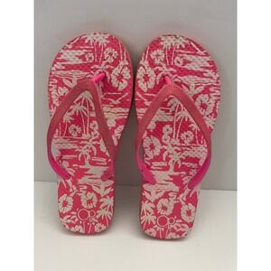 OP Ocean Pacific Women's Flip Flops‎ Pink Tropical Palm Flower Slides Size 4-5